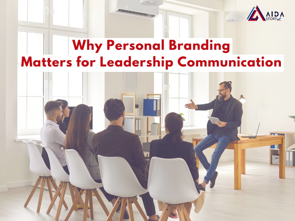 Professional leader giving a presentation on personal branding and leadership communication to a team in a modern office setting AIDA Story branding visual.